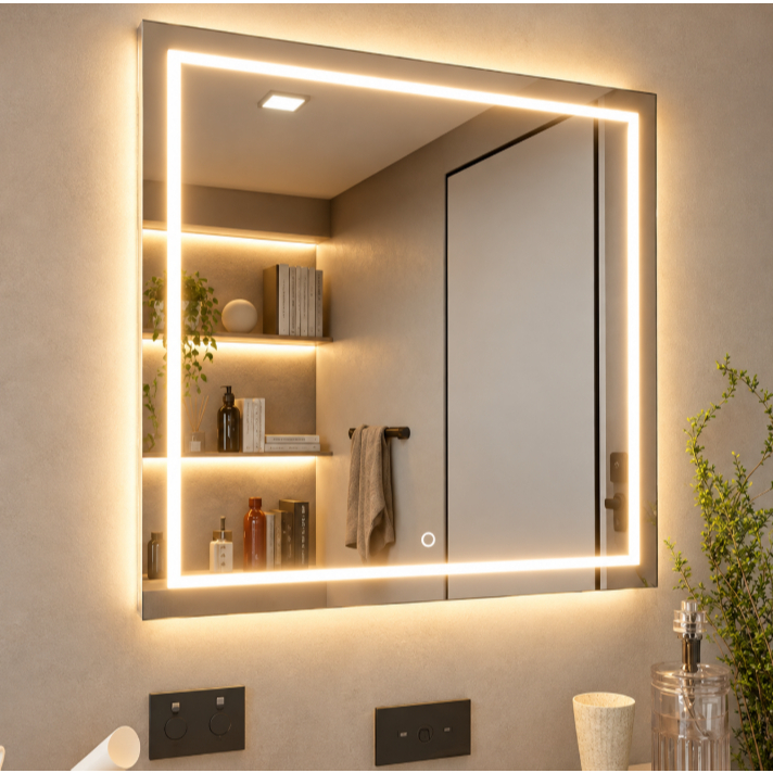 Espelho Decorativo LED Quadrado Jateado Touch 50x50cm 3 Tons de Luz Banheiro Penteadeira