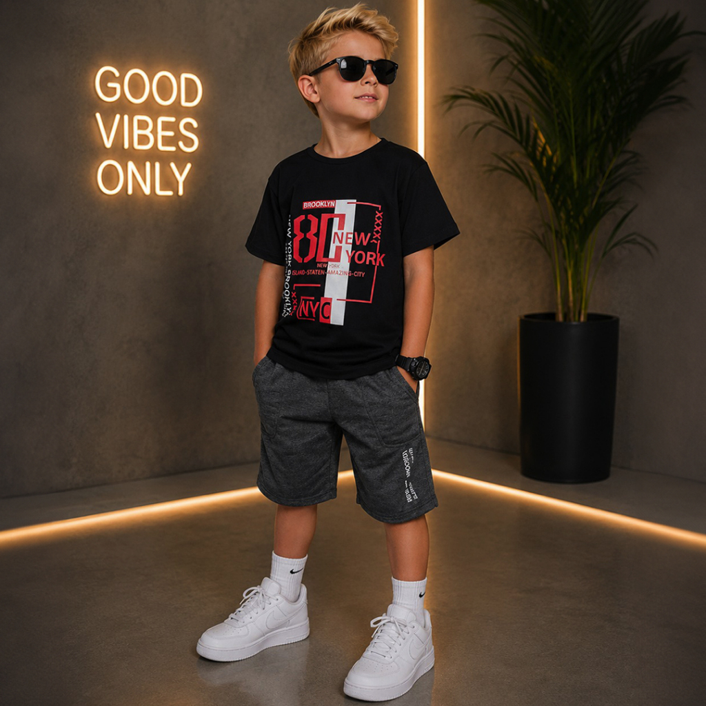 Conjunto Infantil Menino Estiloso Verão Lançamento Juvenil  Camisa e Bermuda Veste Do 2 ao 12 anos