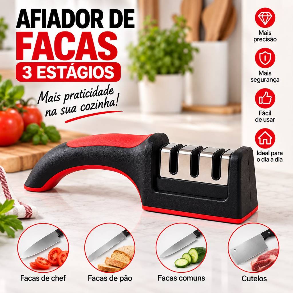 Afiador de Facas 3 Estágios Manual com Cabo Ergonômico antiderrapante para Cozinha