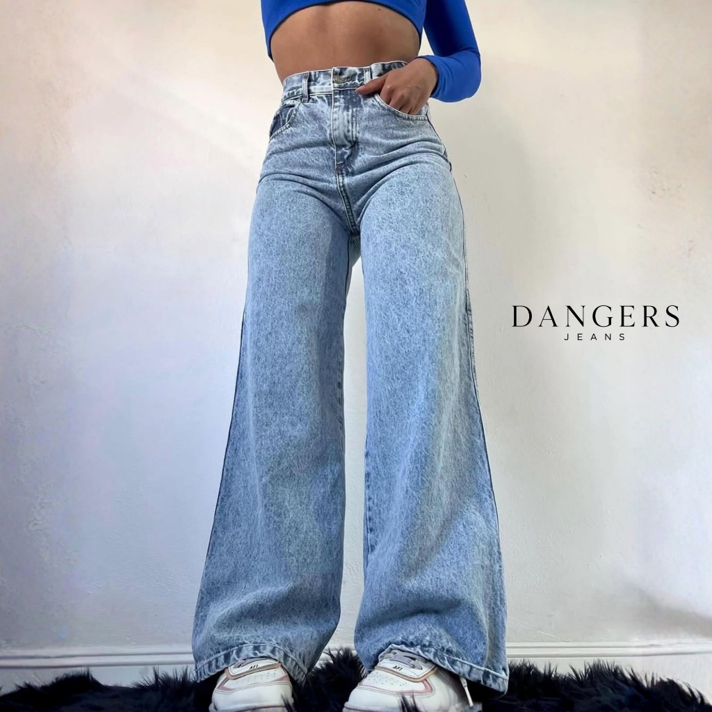 Calça Jeans Feminina Wide Leg Marmorizada Cintura Alta Sem Lycra