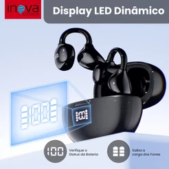 INOVA Fone de Ouvido Bluetooth 6.1 FreeClip Ear Clip-on Som Surround 720°, Display Digital de Bateria, 80h de Espera
