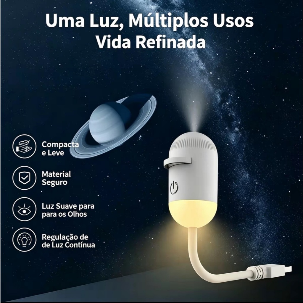 Projetor de Estrelas 2 em 1 USB, Luz Noturna Galáxia com 2 Lâminas para Decoração Quarto