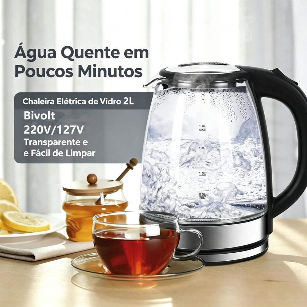 Chaleira Elétrica 1,8L/2L Automática Inox ou Vidro 127V/220V para Café Chá