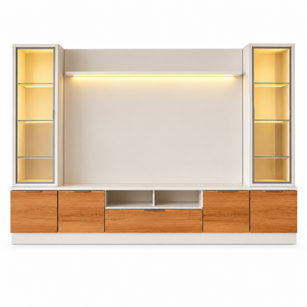Estante Home Noble 2,70m Para TV Até 75” Com 2 Cristaleiras LED Portas Reflecta 198x270cm Sala Luxo