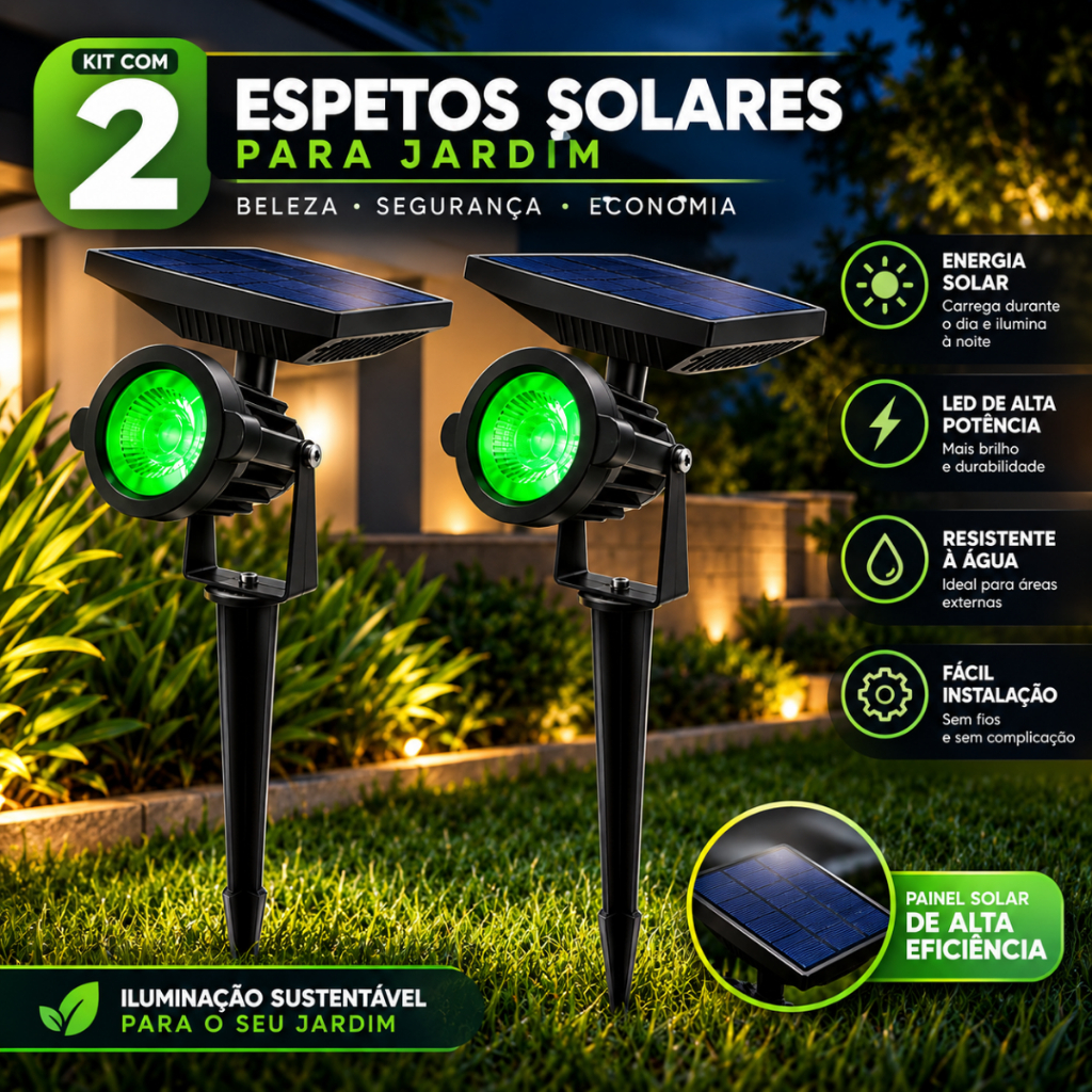 Kit 2 Epeto Luminaria Solar Jardim Balizador Luz Led Painel Fotovoltaico Verde Sítio Decoração Luxosa Casa Jardim