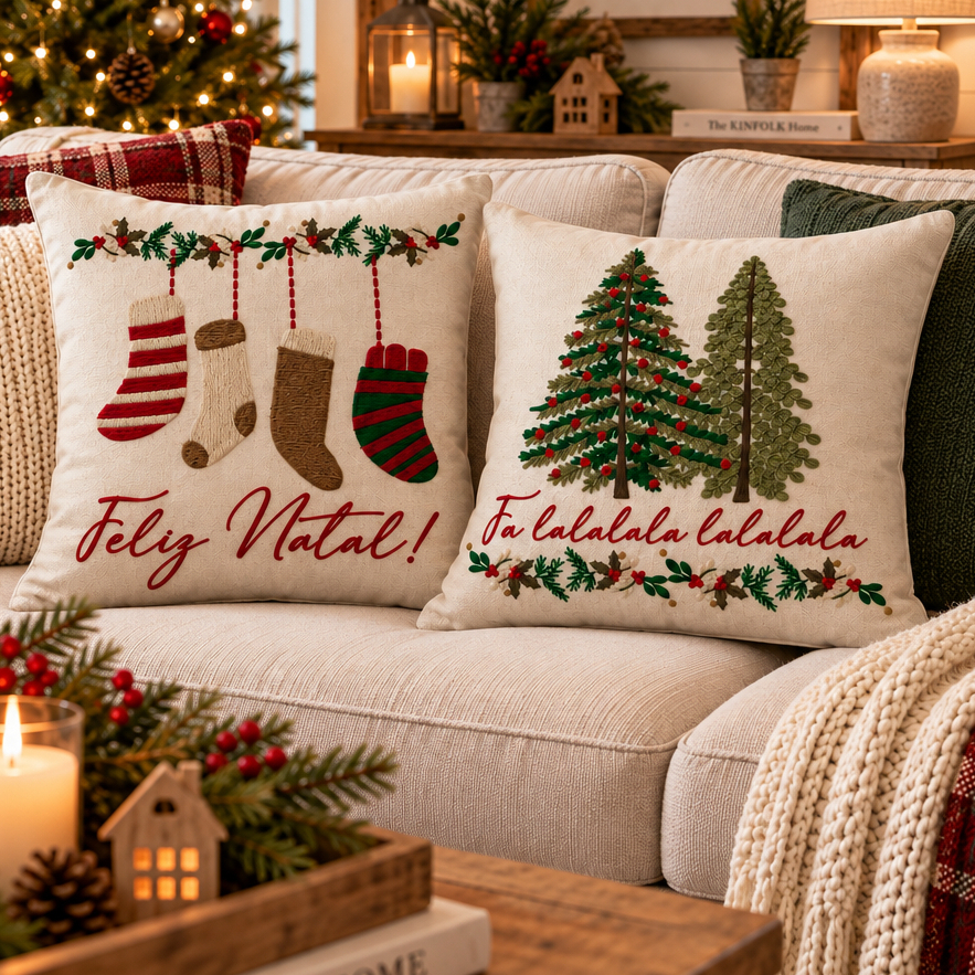 Kit 2 Capa de Almofada Natal decorativas Luxo Estampas Natalinas decoração de Sofá sala Papai Noel Renas Linho 43x43cm