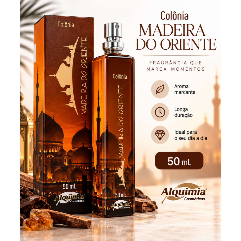 COLÔNIA MADEIRA DO ORIENTE SMELL PREMIUM 50ml (Colônia Masculina) -  ALQUIMIA COSMÉTICOS.