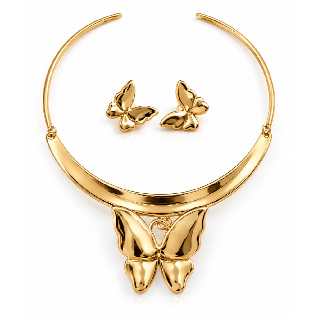 Conjunto Feminino Butterfly Gold – Colar Rígido com Borboleta e Brincos Dourados