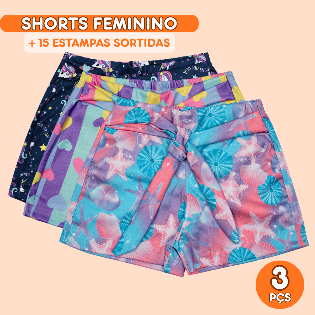 Kit 3 Shorts Infantil Menina Bermuda verão infantil dia a dia estampas coloridas