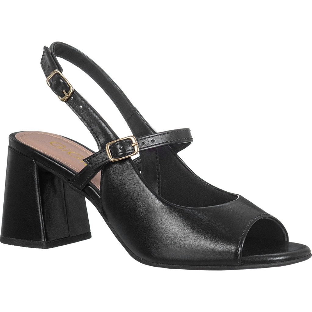 Sandália Feminina Slingback Bico Quadrado Aberto Recorte Fivelas Salto Bloco Elegante Jane GiGiL