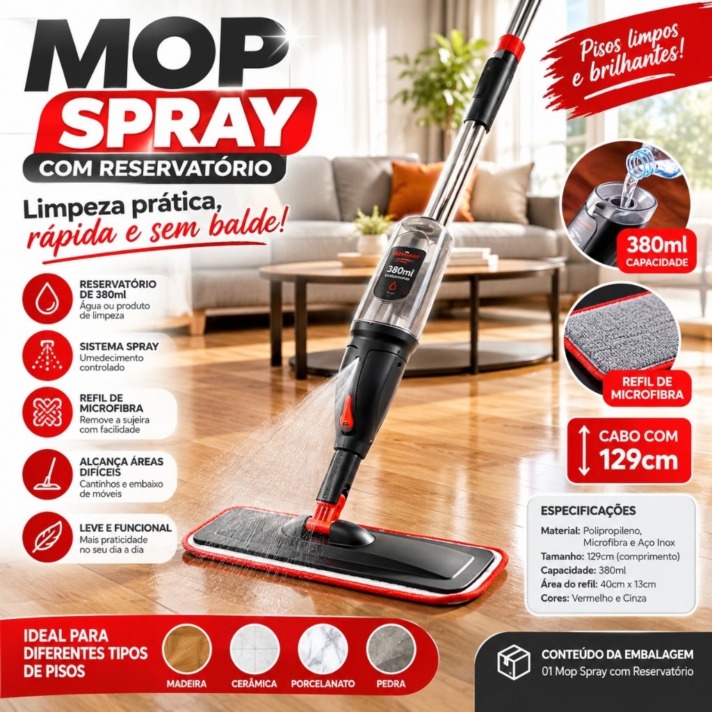 Mop Spray com Reservatório 380ml, Esfregão para Limpeza de Piso com Spray, Microfibra, Cabo 129cm
