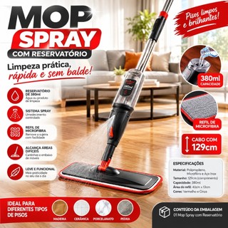 Mop Spray com Reservatório 380ml, Esfregão para Limpeza de Piso com Spray, Microfibra, Cabo 129cm