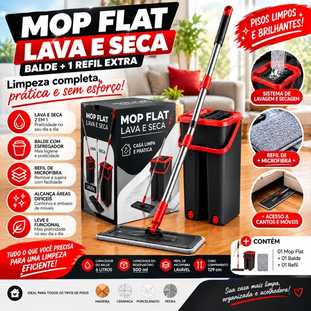 Flat Mop Rodo Lava e Seca com Balde 5L + 1 Refil Microfibra, Cabo Inox 125cm, Limpeza de Pisos