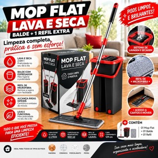 Flat Mop Rodo Lava e Seca com Balde 5L + 1 Refil Microfibra, Cabo Inox 125cm, Limpeza de Pisos