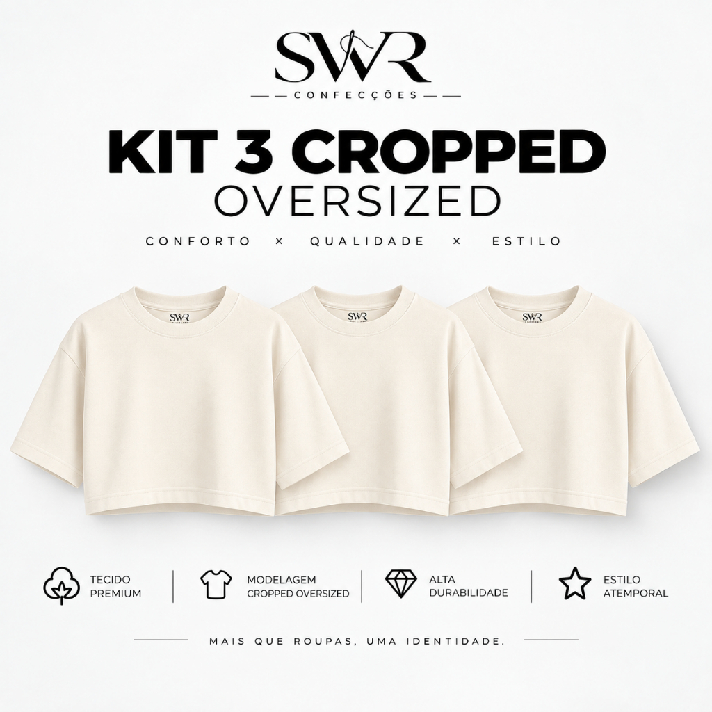 Kit 3 Cropped Oversized Feminino Premium Suedine 230g/m² Confortável Estiloso Reforço Ombro a Ombro