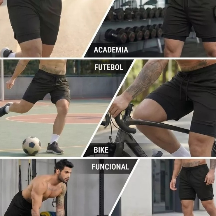 Short Masculino 2 em 1 Bermuda Compressão Dry Fit Academia Corrida Musculação Fitness Treino Esportivo Dupla Camada