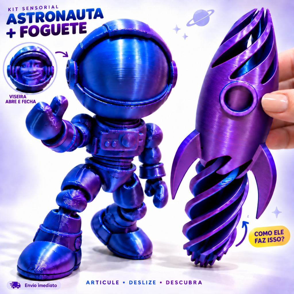 Kit Brinquedo Sensorial Astronauta Articulado + Foguete com Espiral Giratória