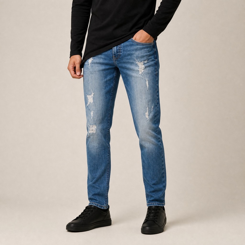 Calça Jeans Skinny Masculina 4 Bolsos Lavagem Azul Claro Destroyed Desfiada Reta Casual Rasgada Estilo Urbano