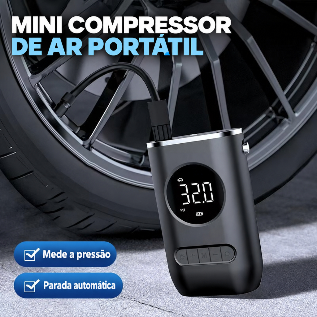 Compressor de Ar Portátil Inflador Calibrador de Pneus Bomba Elétrica Digital Sem Fio 150 PSI 4000mAh Carro Moto Bike