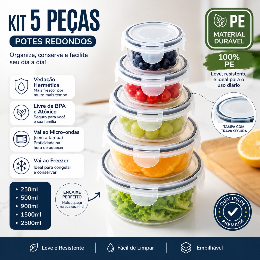 Kit 5/10 Potes Herméticos de PE com Tampa para Alimentos, Recipientes Redondos para Geladeira e Organização
