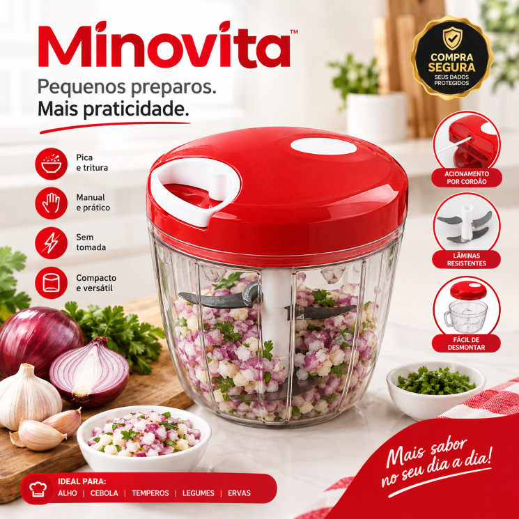Mini Processador Manual Minovita Multiuso Pica Alho Cebola Temperos Legumes Triturador Portátil