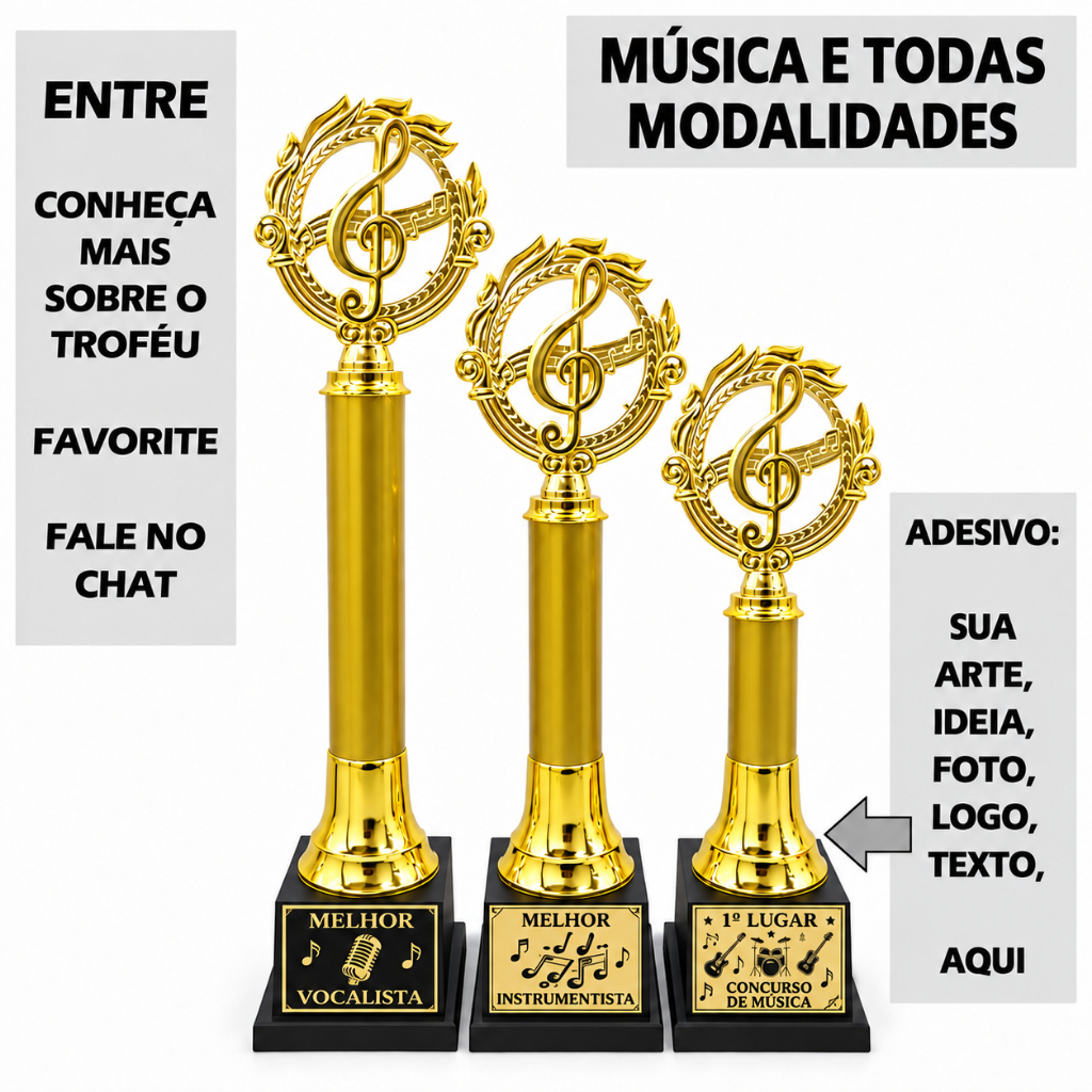 1 a 4 Troféu Clave de Sol Mold Ouro 45cm/ 39cm/ 33cm TJA123 (Personalizo) Unitário ou Kits