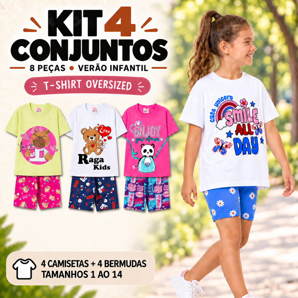 Kit 4 Conjuntos Infantil Juvenil Menina Verão T-SHIRT OVERSIZED 4 Blusas + 4 Shorts Sortidos Tam 1 ao 14