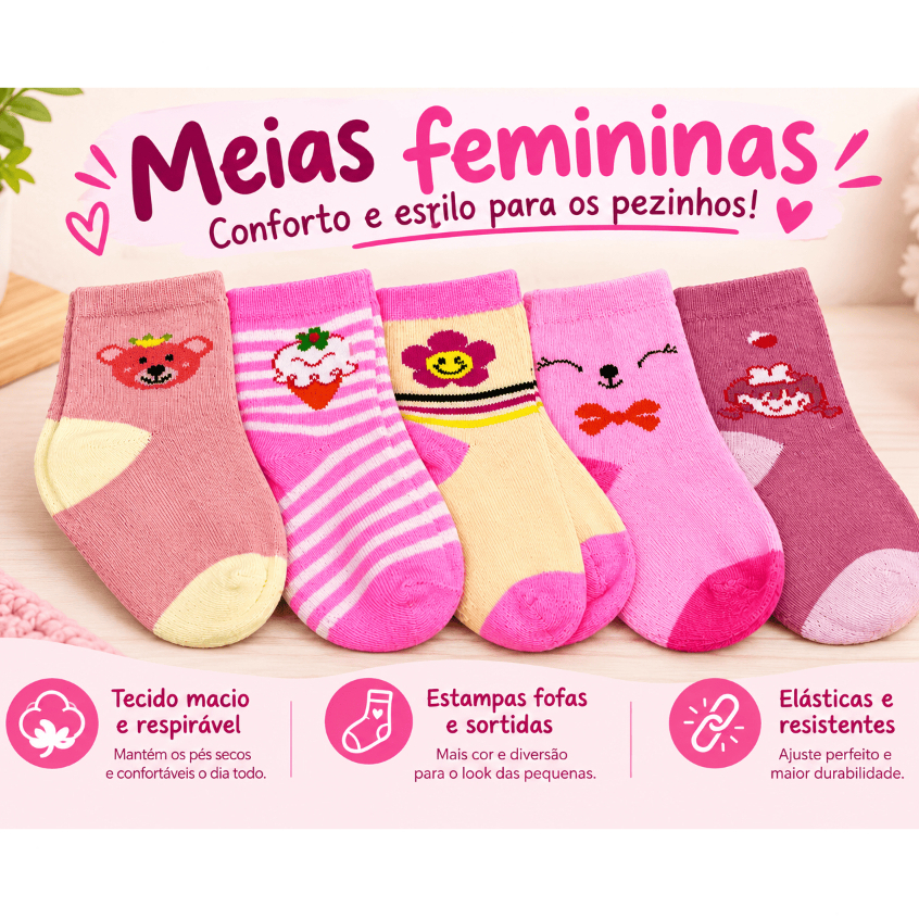 Kit até 18 Meias Infantil Bebê Criança Menina 0 a 10 Anos Algodão com Elastano Confortável Estampas Sortidas