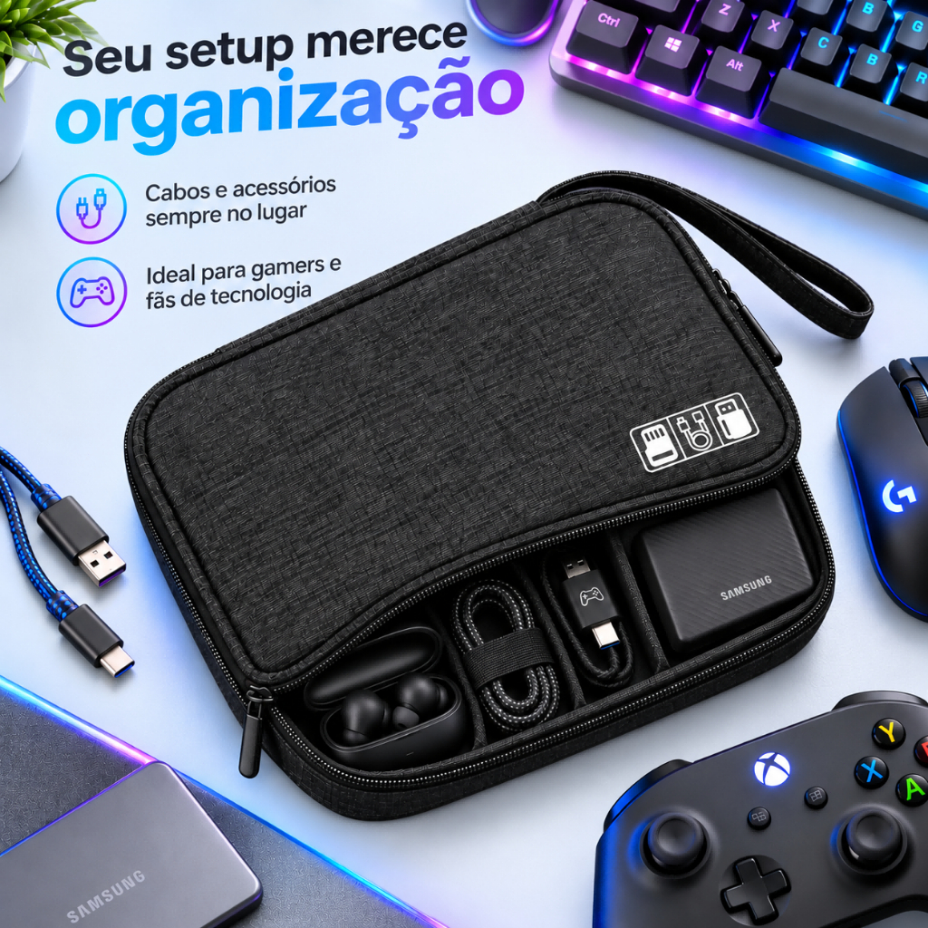 Organizador Cabos Gamer e Acessórios - Estojo para Controle, Fone e HD Externo SSD - Proteção para Setup e Viagem