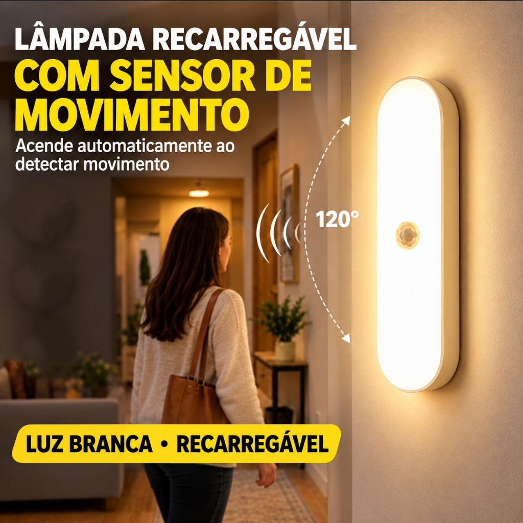 Luminária LED Recarregável com Sensor de Movimento PIR 3M Luz Automática para Armário Quarto