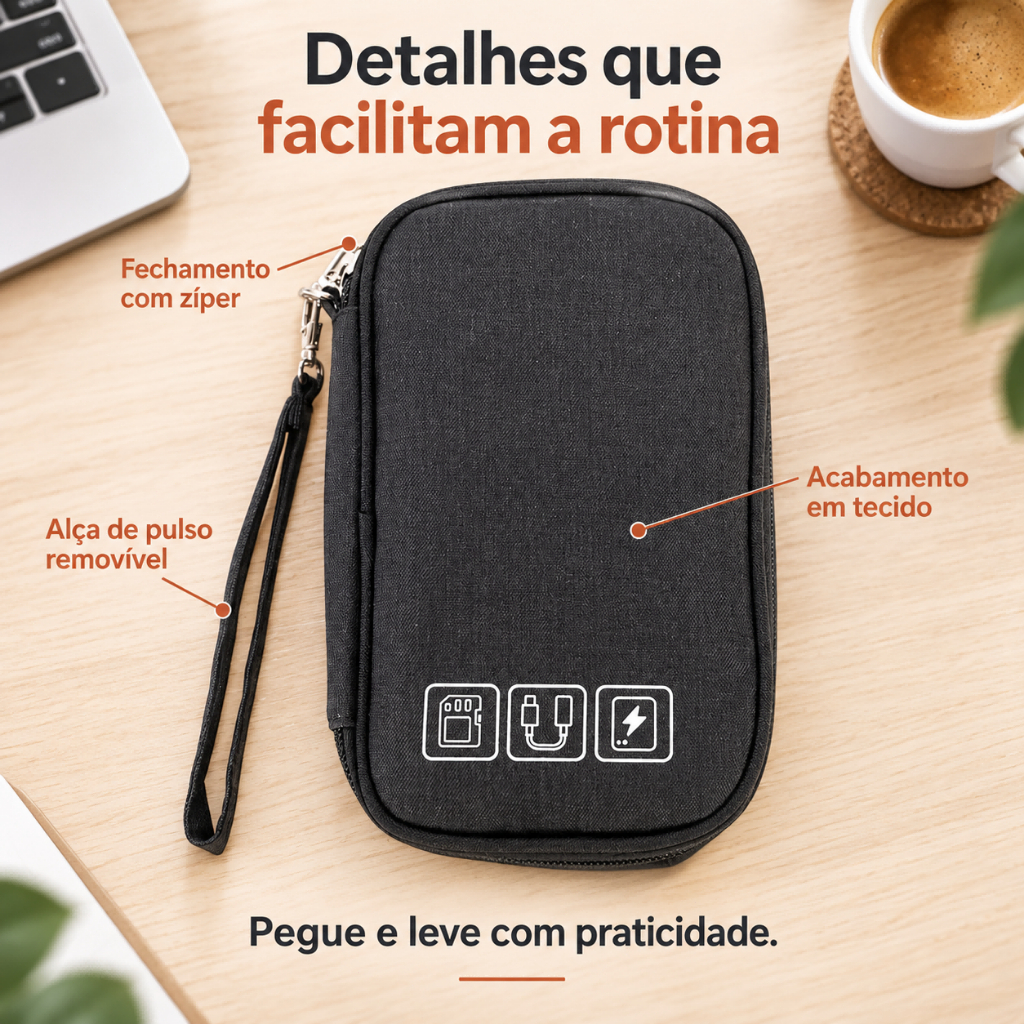 Estojo Organizador Para Cabos, Fone E Power Bank Compacto Com Alça Para Mochila E Bolsa De Trabalho