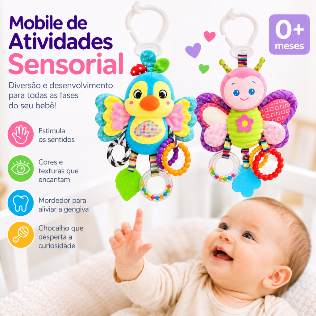 Brinquedo para Bebes e Crianças Sensorial Borboleta/Pássaro com Mordedor, Chocalho e Argola Colorida