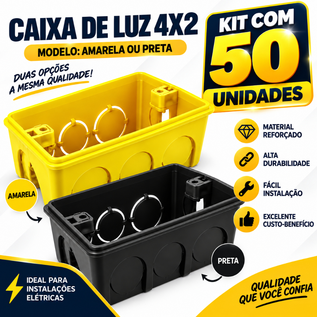 50 Caixa Caixinha de Luz 4x2 Reforçada P/ Tomada Interruptor Embutir Amarelo / Preto — oferta na Shopee