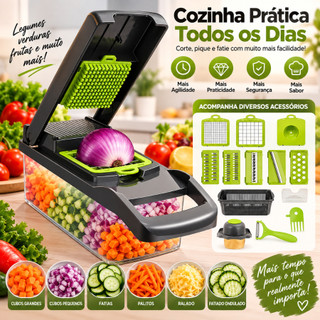 Kit Cortador Fatiador e Ralador de Legumes 16 em 1 Multifuncional com Recipiente e Lâminas