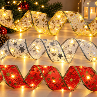 Fita De Natal Aramada com Luzes Decoração Natalina Árvore Laços Com LED Para Presente 4 metros Vermelha Dourada e Prata