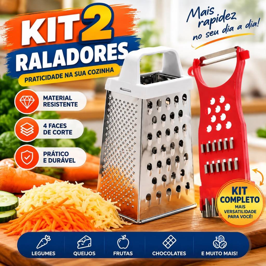 Kit 2 Ralador Inox de Alimentos Universo 4 Faces + descascador fatiador ralador 5 em 1 Multiuso