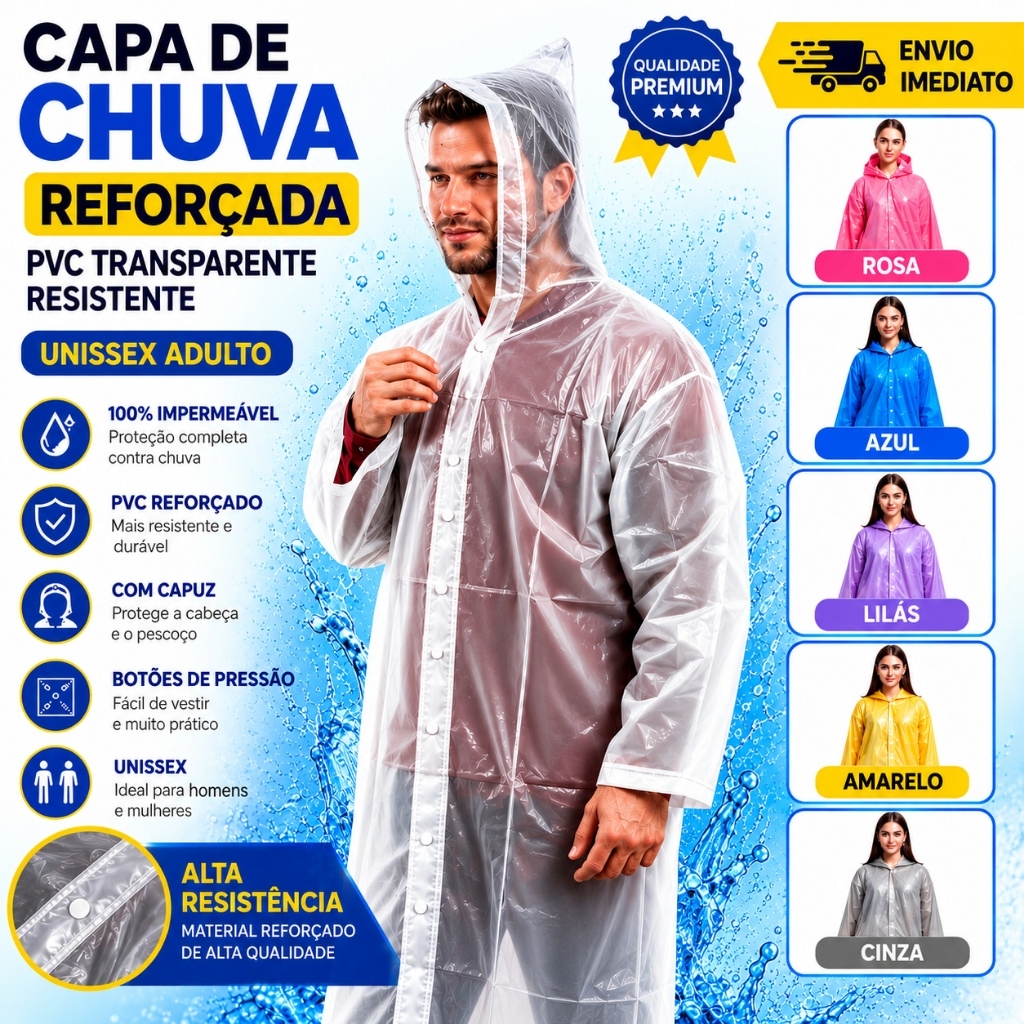 Kit 2 Capa Chuva Pvc Transparente Resistente Impermeável Unissex