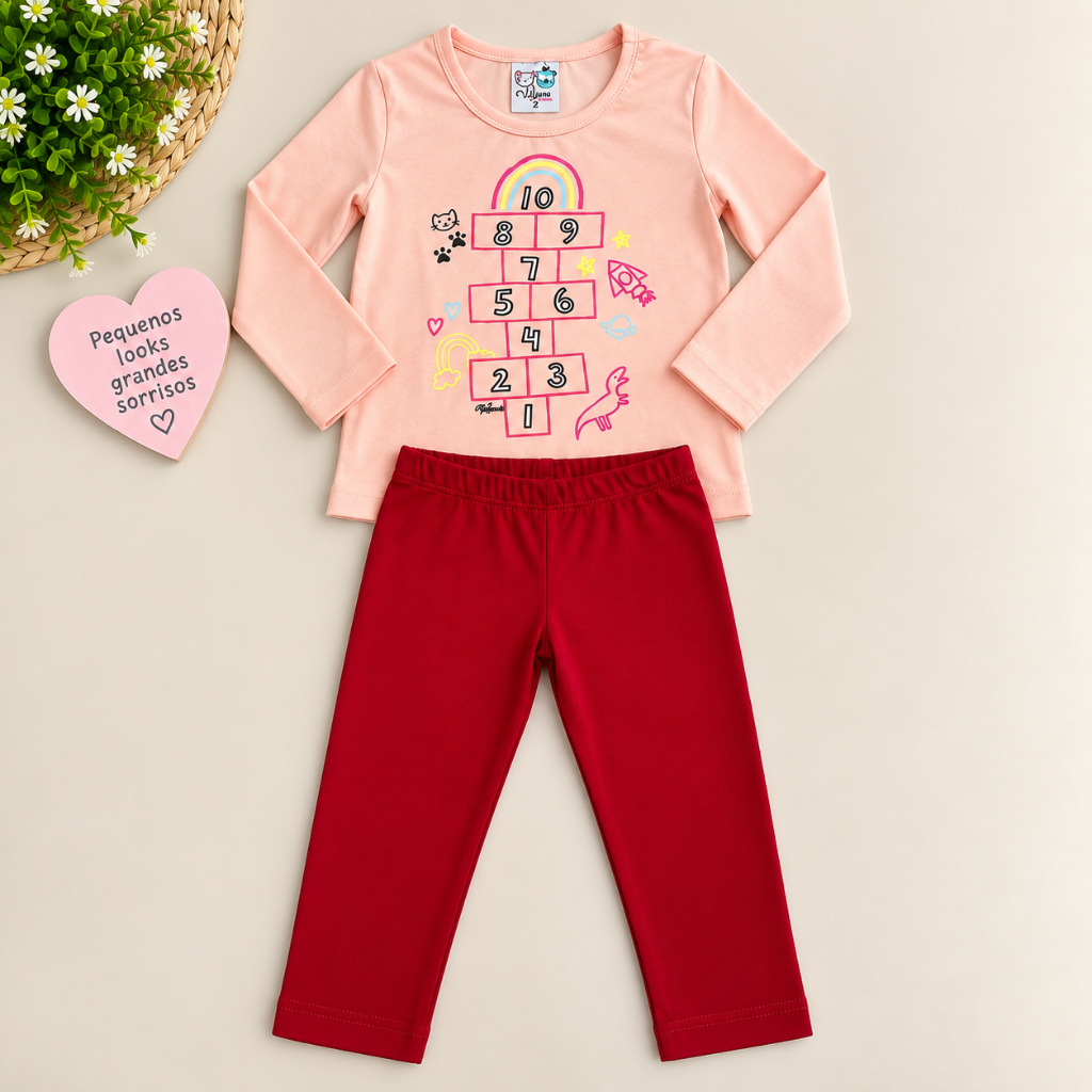 Conjunto Infantil Menina Meia Estação Valem Kids Manga Longa com Calça Roupa Infantil Estampas Sortidas