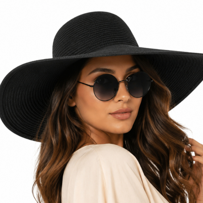 Kit Moda Praia Feminino Chapéu Aba Grande Floppy e Óculos Redondo Escuro para Resort Piscina Viagem e Verão Elegância