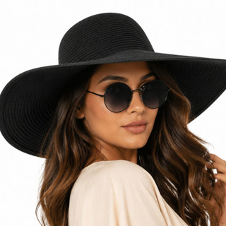 Kit Moda Praia Feminino Chapéu Aba Grande Floppy e Óculos Redondo Escuro para Resort Piscina Viagem e Verão Elegância