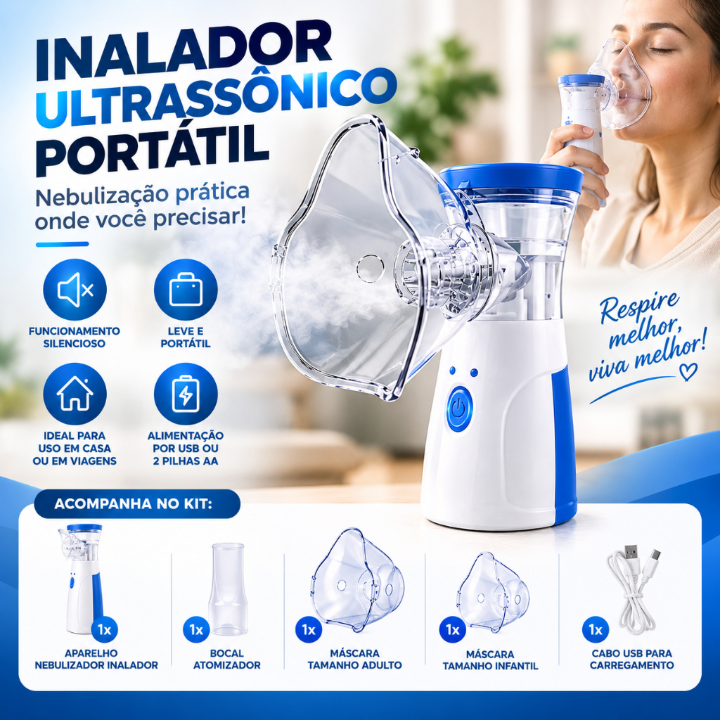 Inalador Ultrassônico Portátil Nebulizador USB Pilha Sem Fio - Pronta Entrega