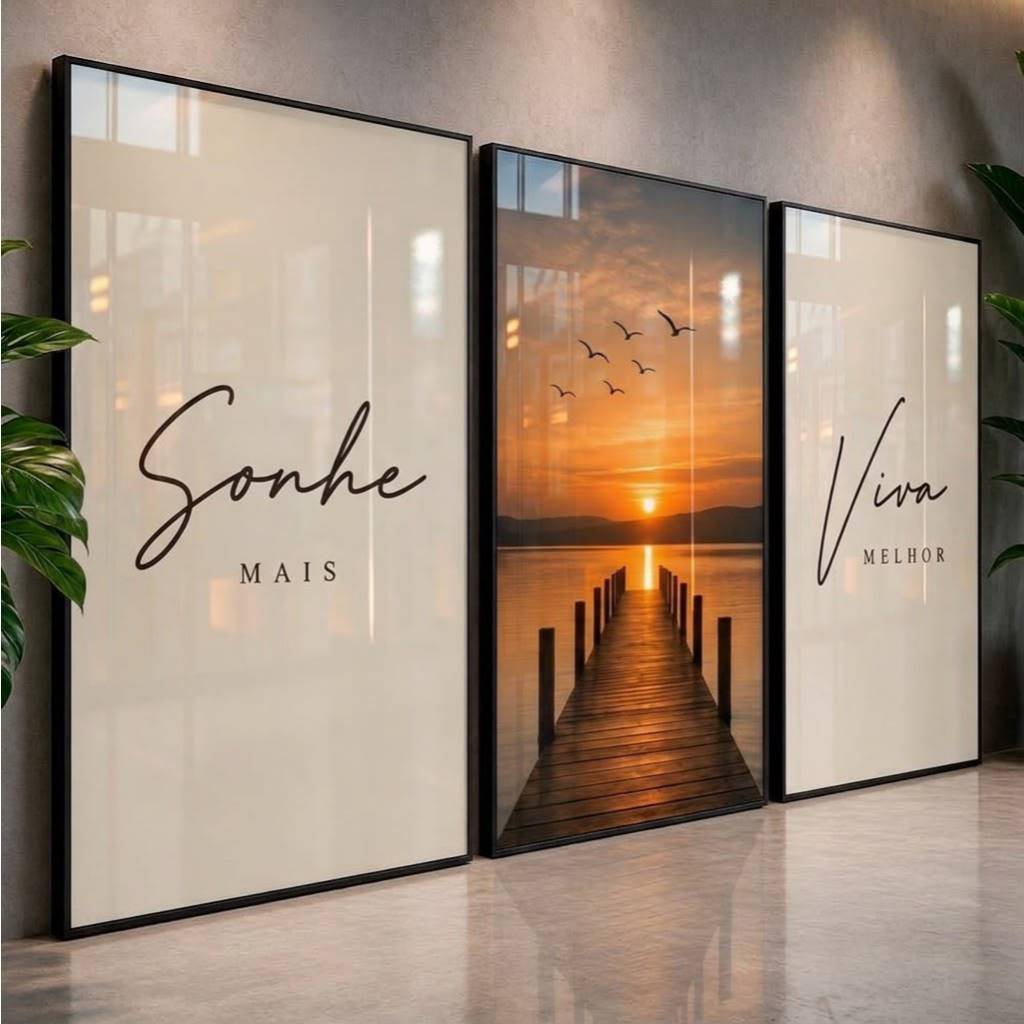 Quadros Decorativos Paisagem Pôr do Sol Kit 3 Peças Sonhe Mais Viva Melhor Sala Quarto