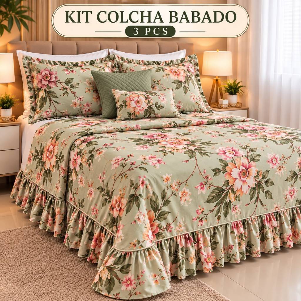 Colcha Lençol Babado Casal Queen Estampado 03 Peças Micropercal Toque de Algodão + Fronha Quarto Cama