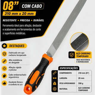 Lima Chata 8 Polegadas Aço Reforçado  Lima Grosa 10" Cabo Emborrachado Molar Enxada Foice Facão