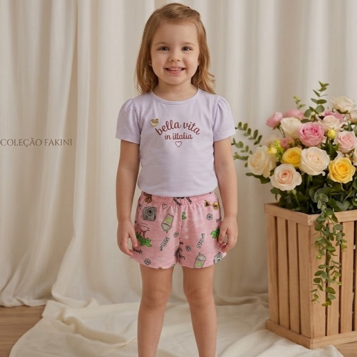 Conjunto Infantil Feminino Blusa Meia Malha e Shorts Estampado - Tamanho 4 - FAKINI