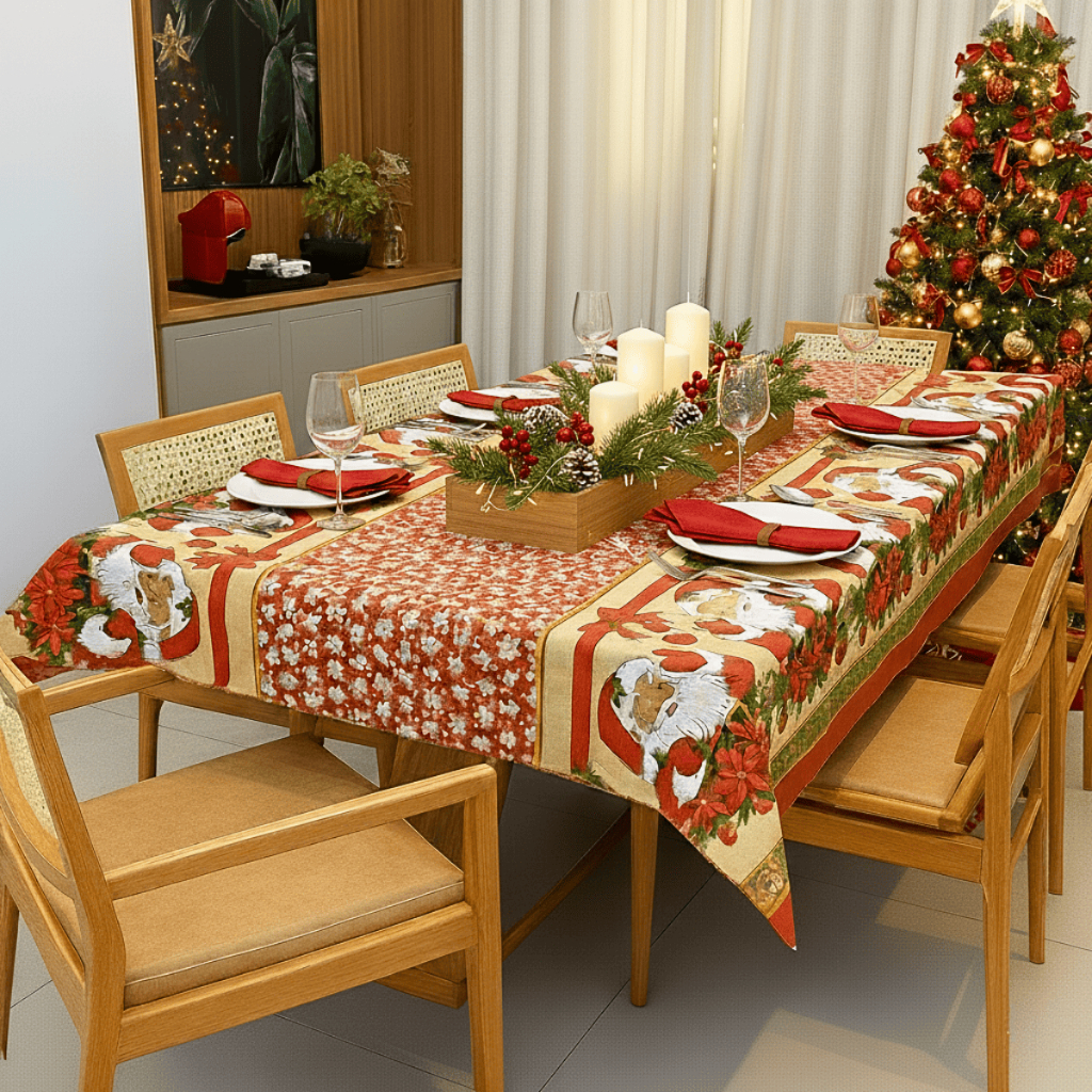 Toalha de Mesa de Natal 4 Lugares Linhão Decoração de Mesa Natalina Quadrada Estampada Cozzilar