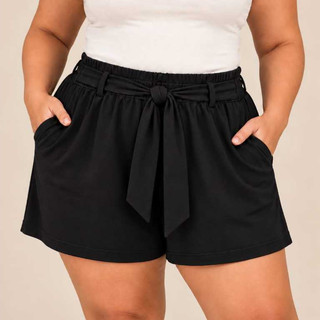 Short Plus Size Feminino Viscolycra Cintra Alta com Elástico Bolsos Soltinho 46 48 50