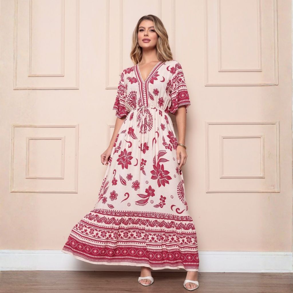 Vestido Longo Estampado Inspiração Feminina com Decote V para Verão