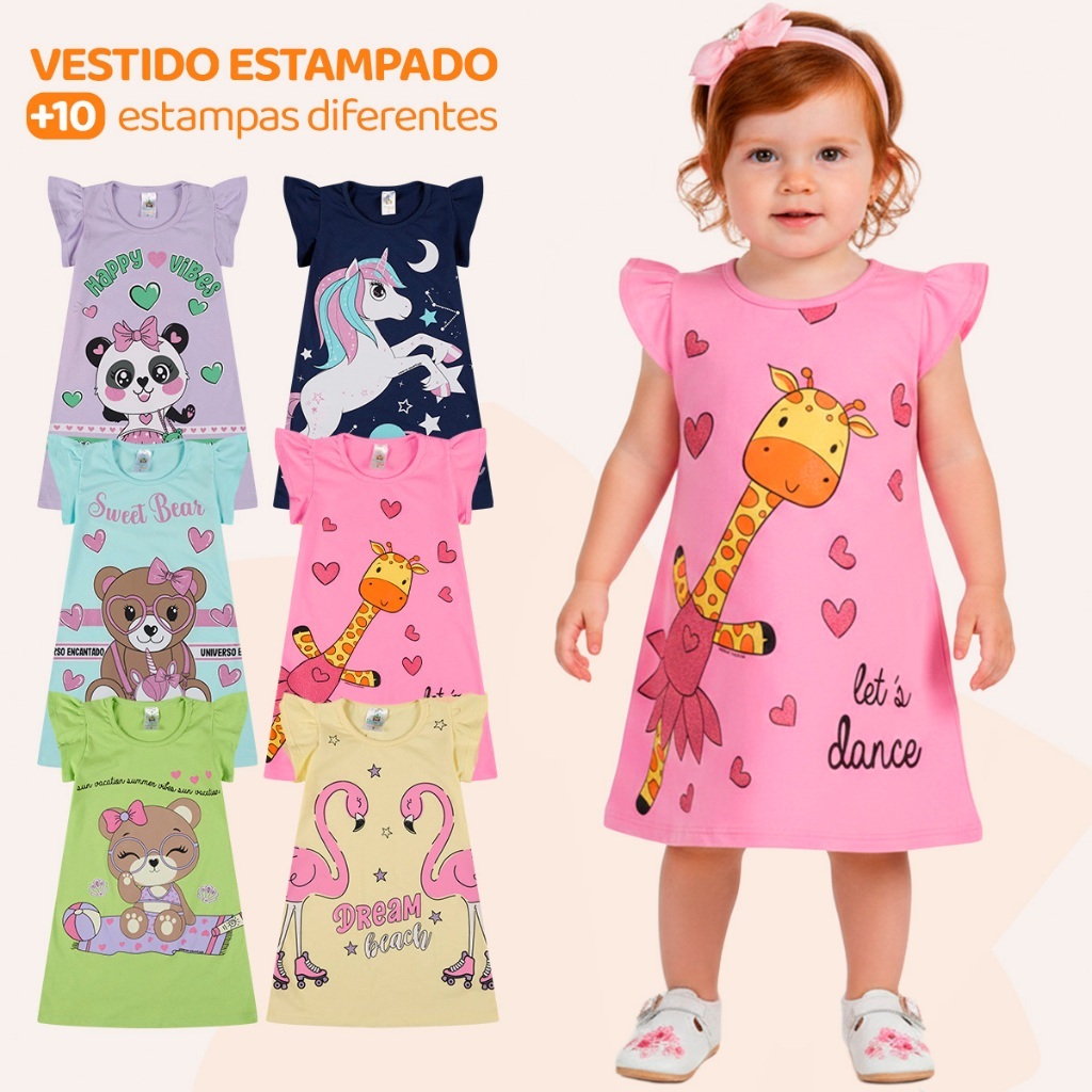 Kit 3 Vestido Bebe Menina Verão Estampados 100% Algodão com Mangas Franzidas - Kit Sortido Tamanhos 1 ao 10