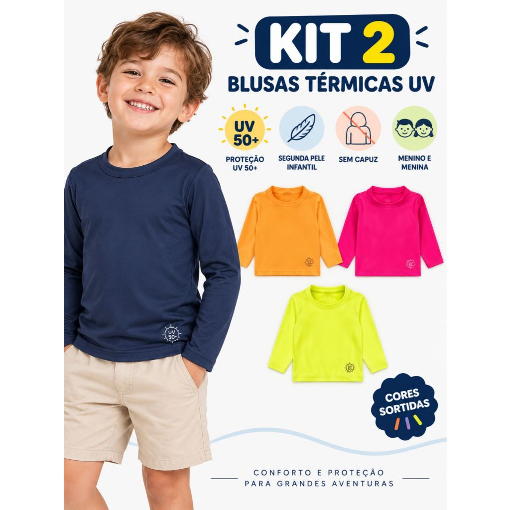 Kit 2 Blusas UV Infantil Unisex Sem Capuz Gola Redonda Segunda Pele Verão Criança